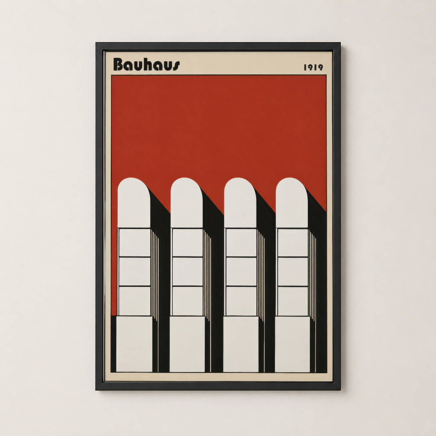Siyah çerçeveli Bauhaus 1919 duvar tablosu, minimalist pencere tasarımı ve canlı kırmızı rengiyle odaları canlandıran poster.