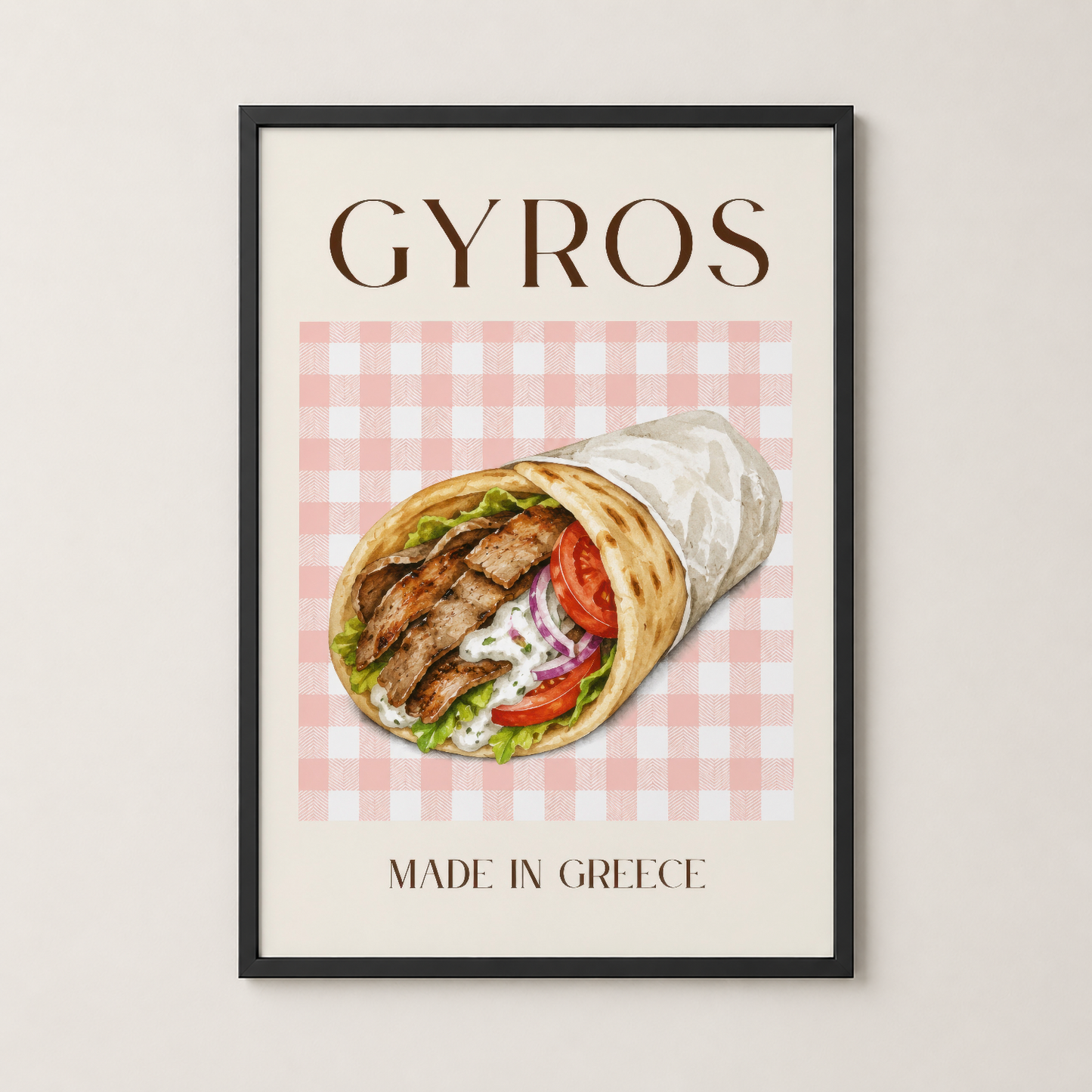 Siyah çerçeveli gyros tablosu, modern mutfak dekorasyonu için sofistike bir seçim.