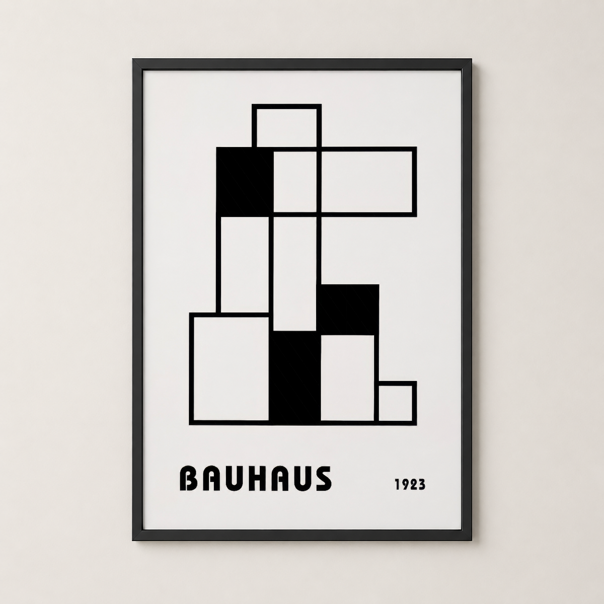 Bauhaus 1923 eseri, siyah çerçeveli duvar tablosu, geometrik şekiller ve minimalist tasarımla modern ev dekorasyonu