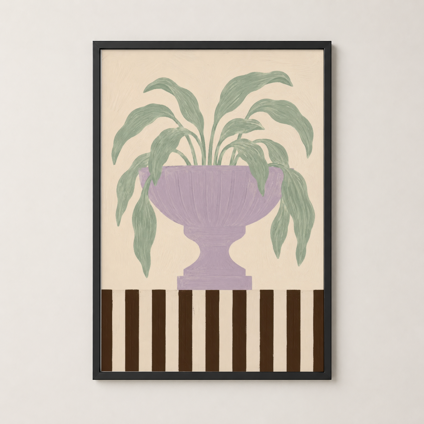 Siyah çerçeveli, lila vazo ve yeşil bitkili, retro stilli minimalist sanat posteri.