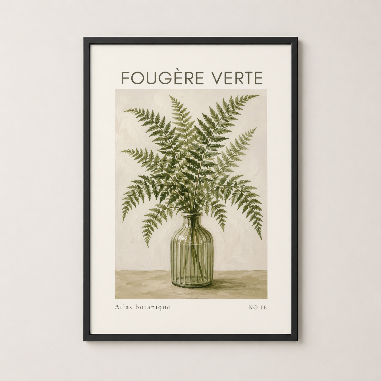 Siyah çerçeveli Fougère Verte tablosu, modern bir iç mekanında botanik sanattan esinlenmiş klasik stil yansıtıyor.