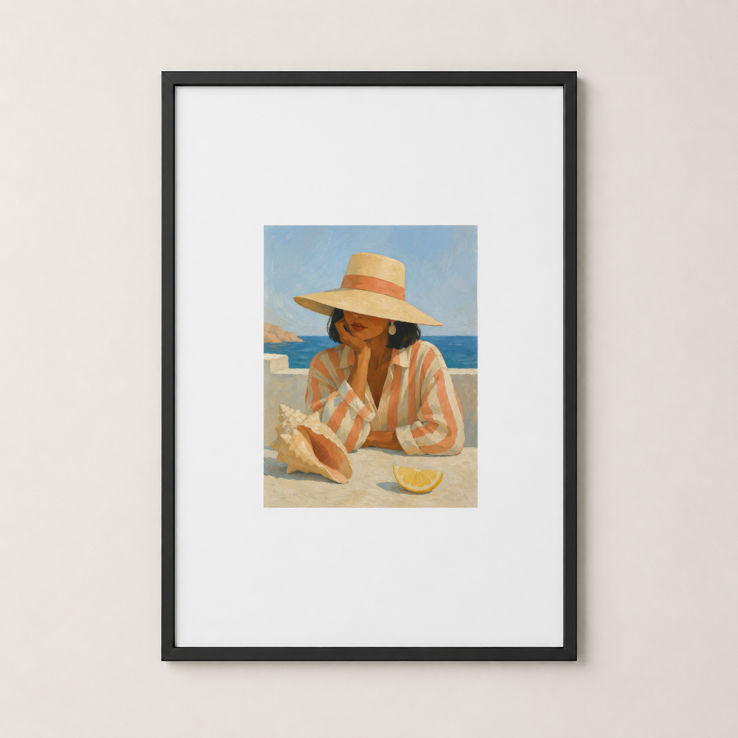 Deniz kenarında oturan kadın figürü, siyah çerçeveli şık poster; modern dekorasyona sofistike bir dokunuş katan sanat eseri.