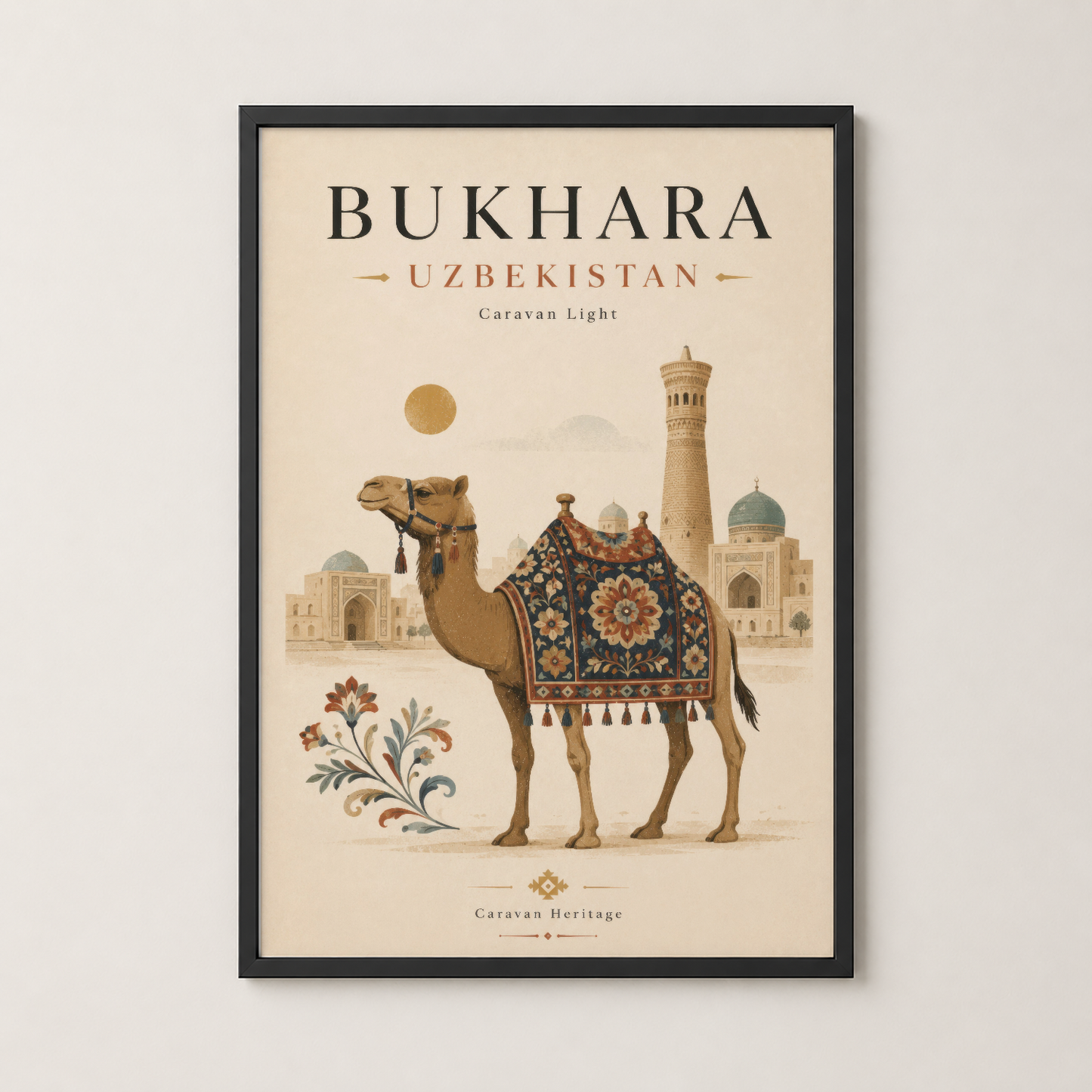 Bukhara Özbekistan posterinin siyah çerçeveli versiyonu, must çerçeve içinde bohemyen dekorasyon.