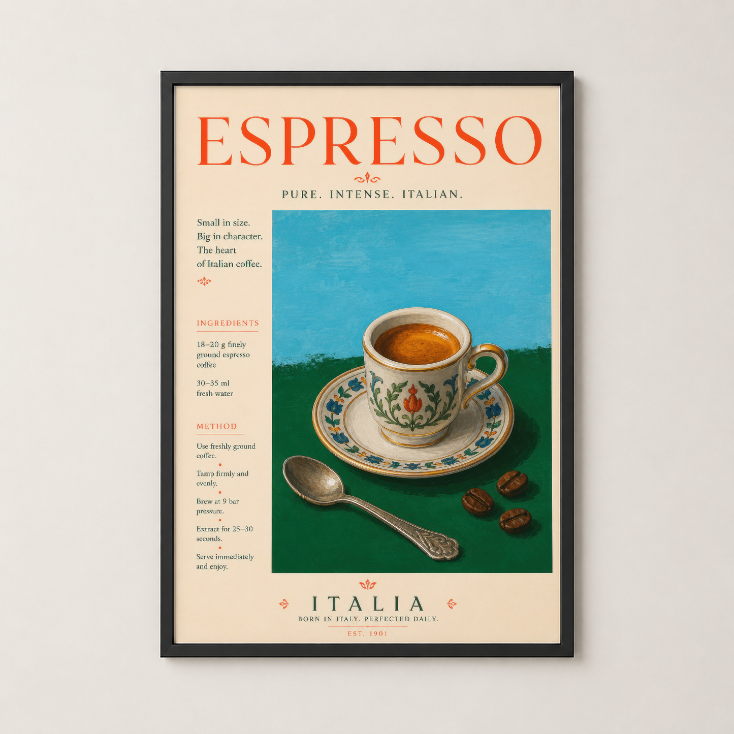 Siyah çerçeveli espresso posteri, mutfak ve kahve mekanlarında zarif bir dekorasyon ögesi.