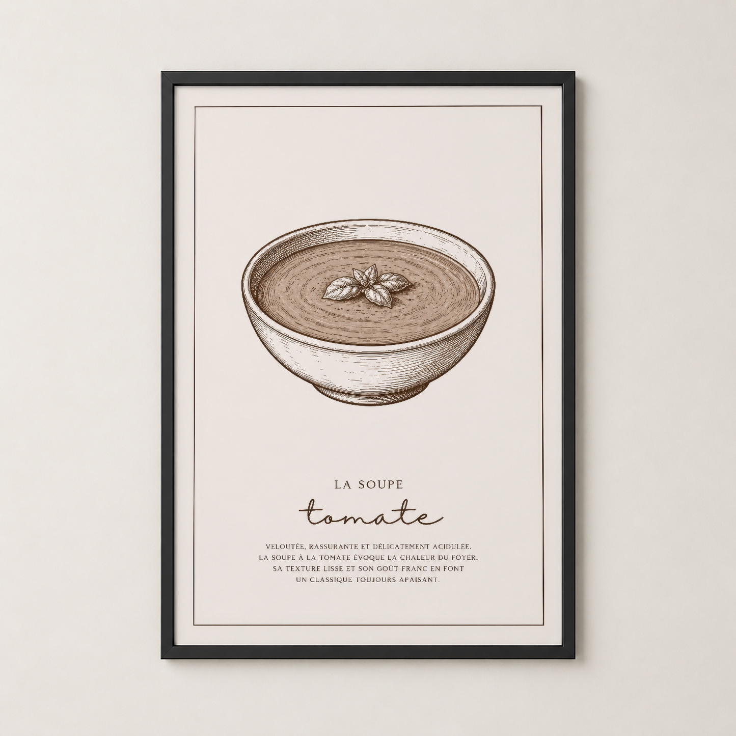 La Soupe Tomate tasarımı, siyah çerçeve ve matla modern duvar dekorasyon elemanı, mutfak veya yemek alanı için ideal.