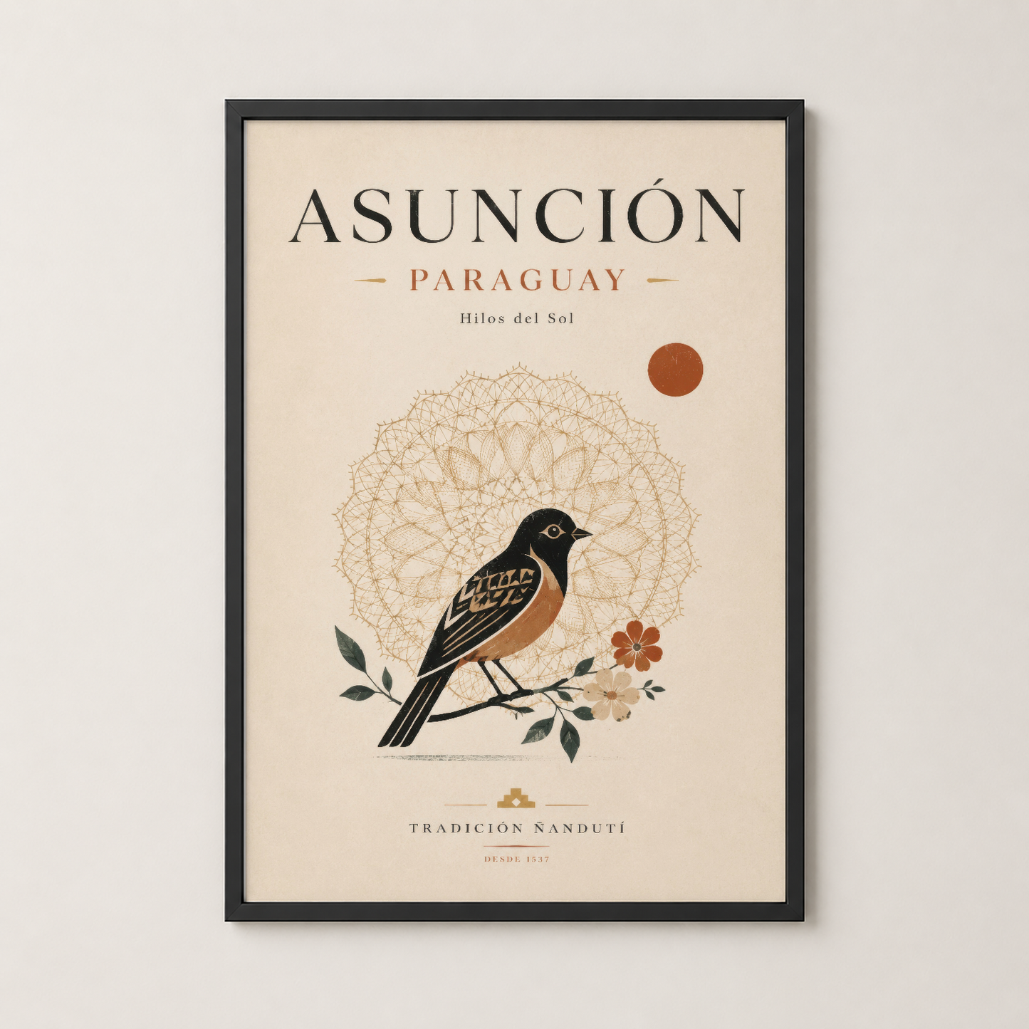 Siyah çerçeveli Asunción Paraguay posteri, oturma odasında duvar dekorasyonu.