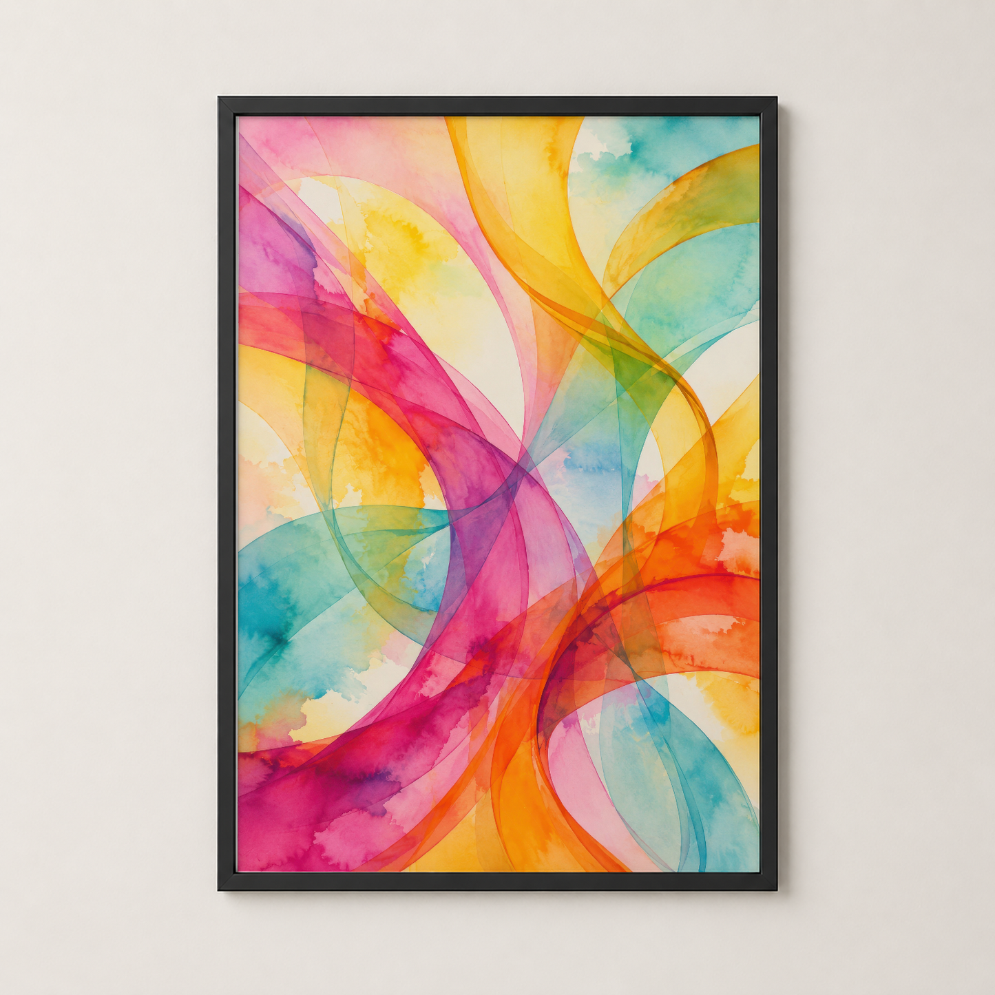 Siyah çerçeveli modern poster, iç içe geçen renk dalgaları ile minimal tasarımı vurgulayan soyut sanat eseri.