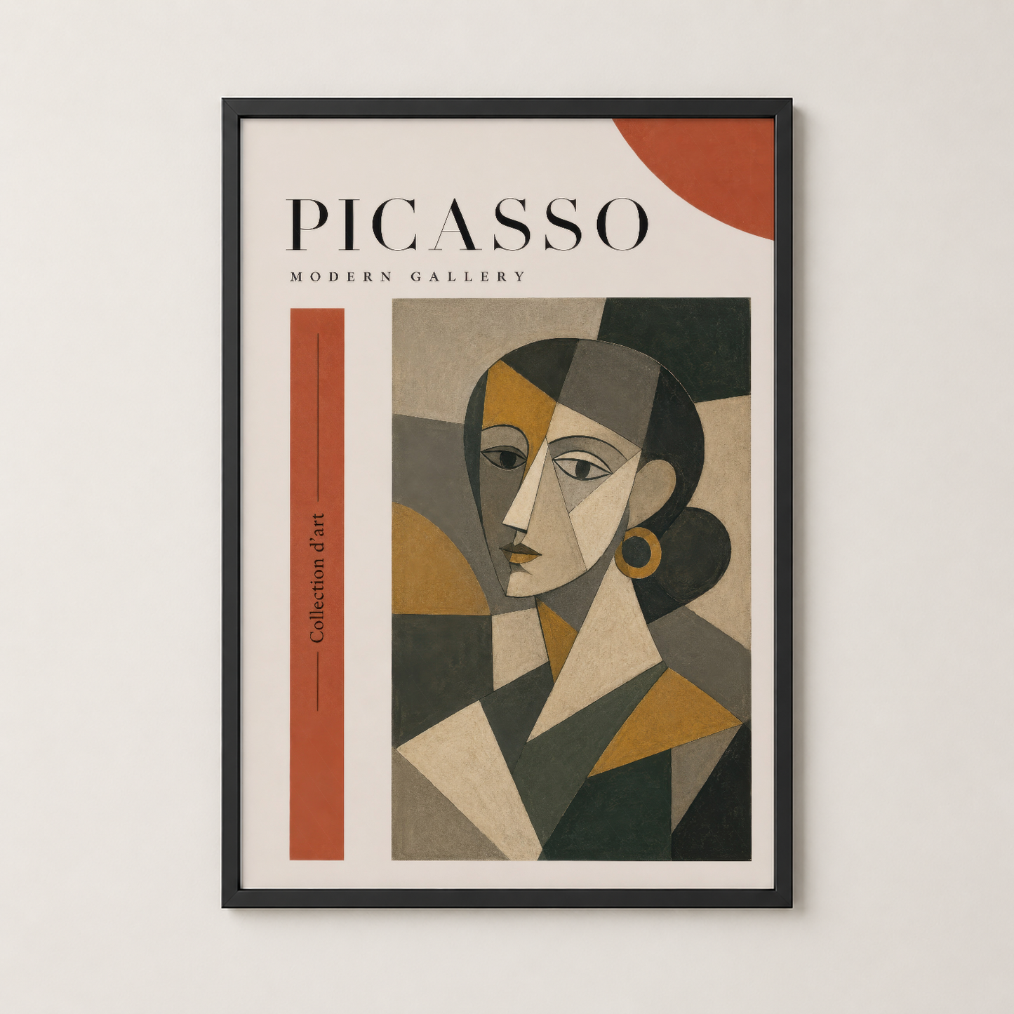 Picasso Modern Gallery tablosu siyah çerçevede, kübist portre, sanat koleksiyonu, duvar dekorasyonu.