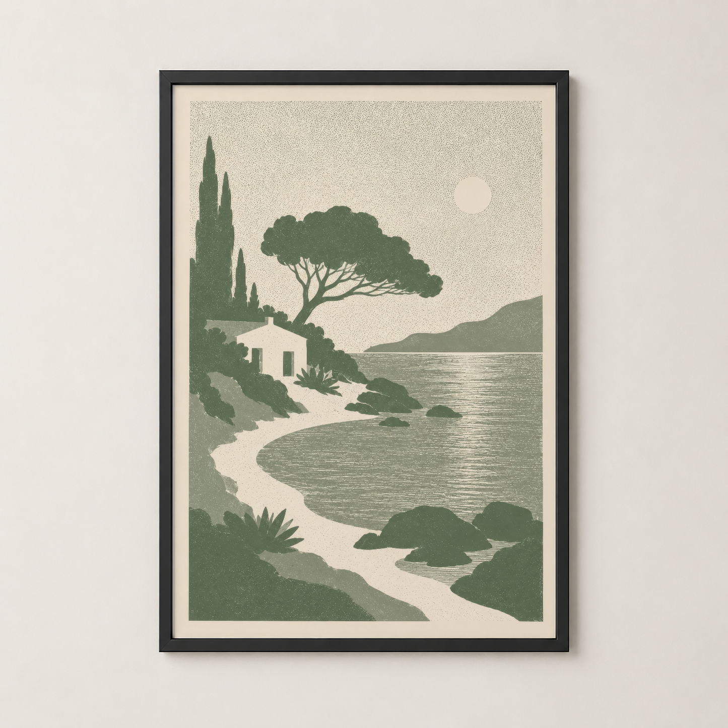Siyah çerçeveli, Akdeniz manzarası temalı sanat baskısı, modern iç mekanlar için ideal.