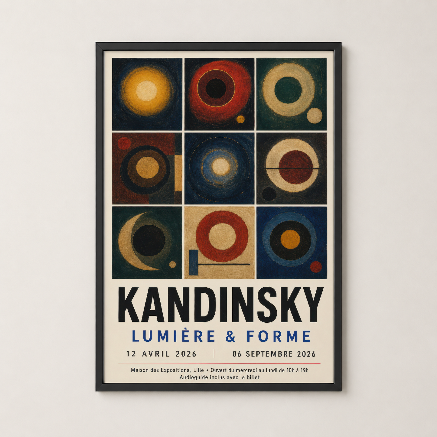Kandinsky Lumière & Forme posteri siyah modern çerçevede, geometrik daireler ve renk harmonisinin kusursuz sunumu.
