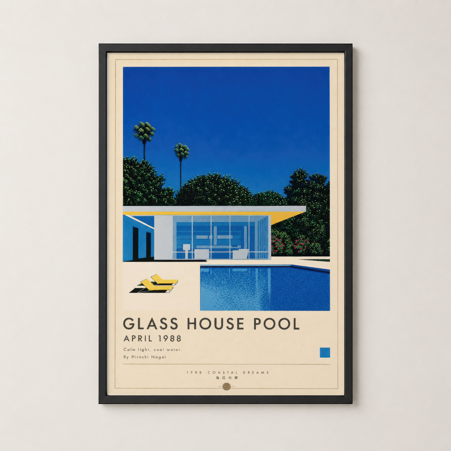 Glass House Pool posteri, siyah çerçevede, sarı şezlonğu ve kristal berraklığındaki havuzuyla minimalist mimarinin özü.