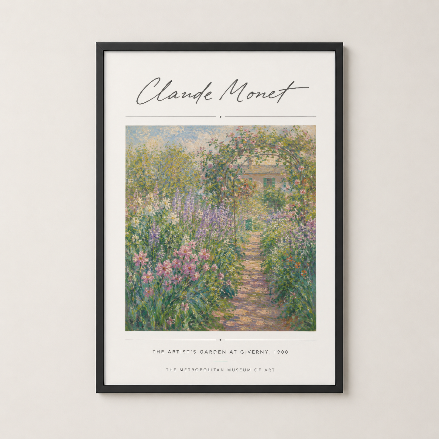 Siyah çerçeveli Monet Giverny bahçesi tablosu, çiçek yolunun ıştık oyunuyla sanat posterini sergiliyor.