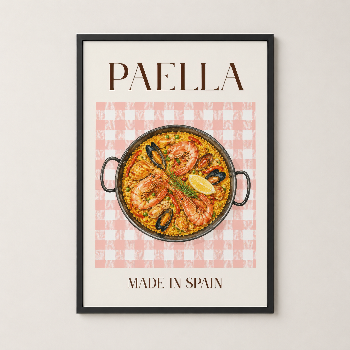 Siyah çerçeveli paella posteri, modern mutfak dekorasyonu için İspanyol gastronomi sanatı.