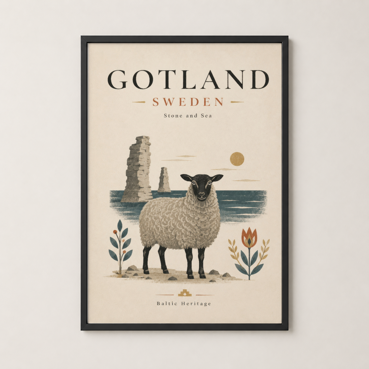 Gotland İsveç tablosu siyah çerçevede, deniz manzarasında koyun figürü ile minimalist estetik.