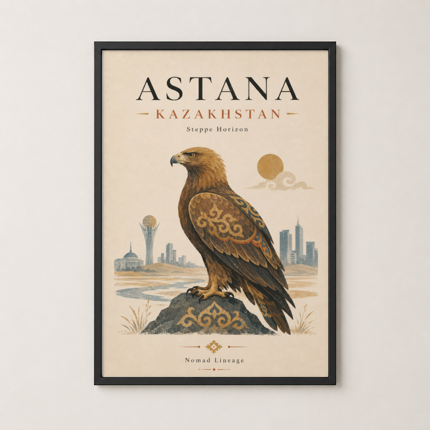 Modern bir iç mekan dekorasyonunda, siyah çerçeveli Astana Kazakistan temalı duvar sanat eseri.