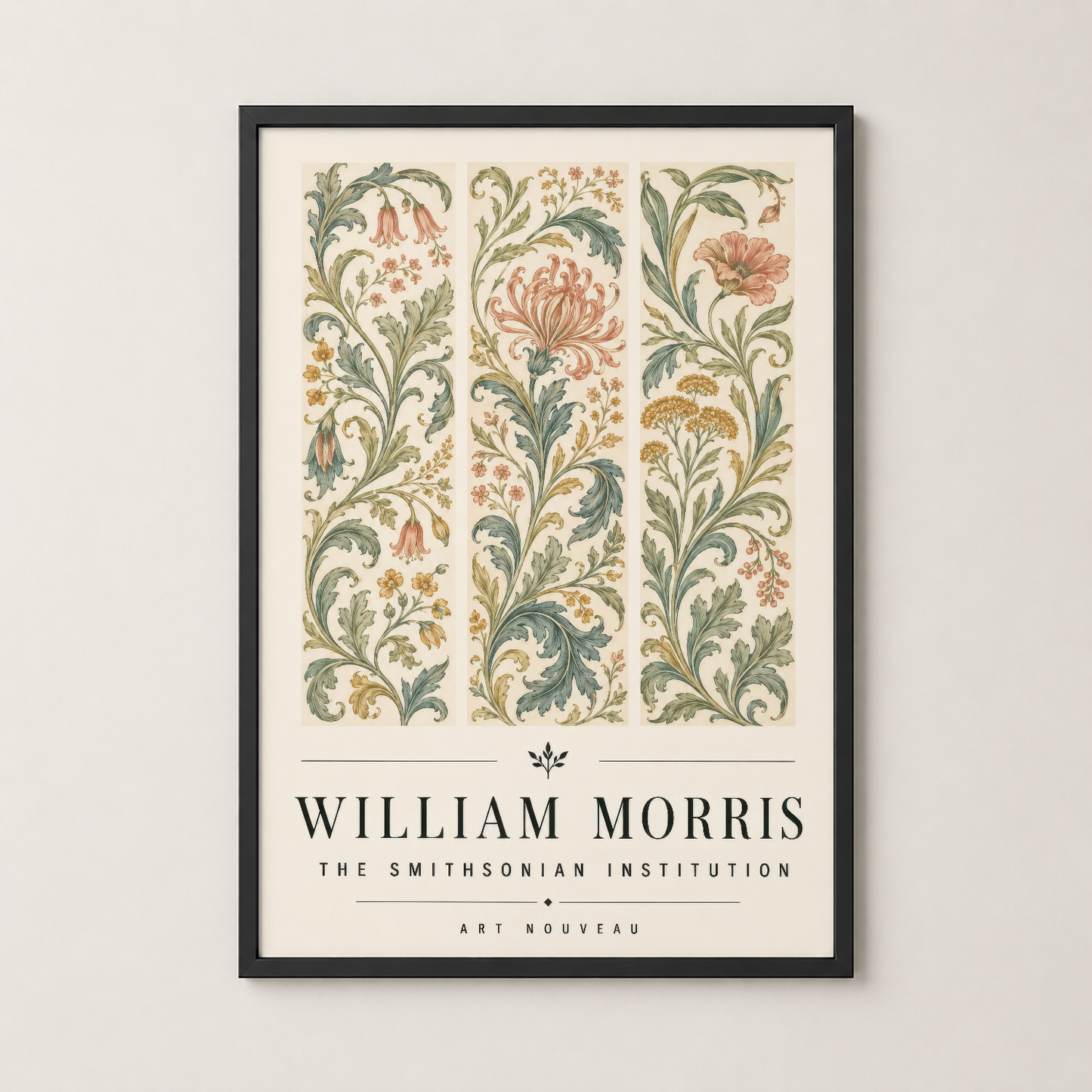 Siyah çerçeveli, sanat müzesi kalitesinde sunulan William Morris Art Nouveau çiçek paneli tablosu.