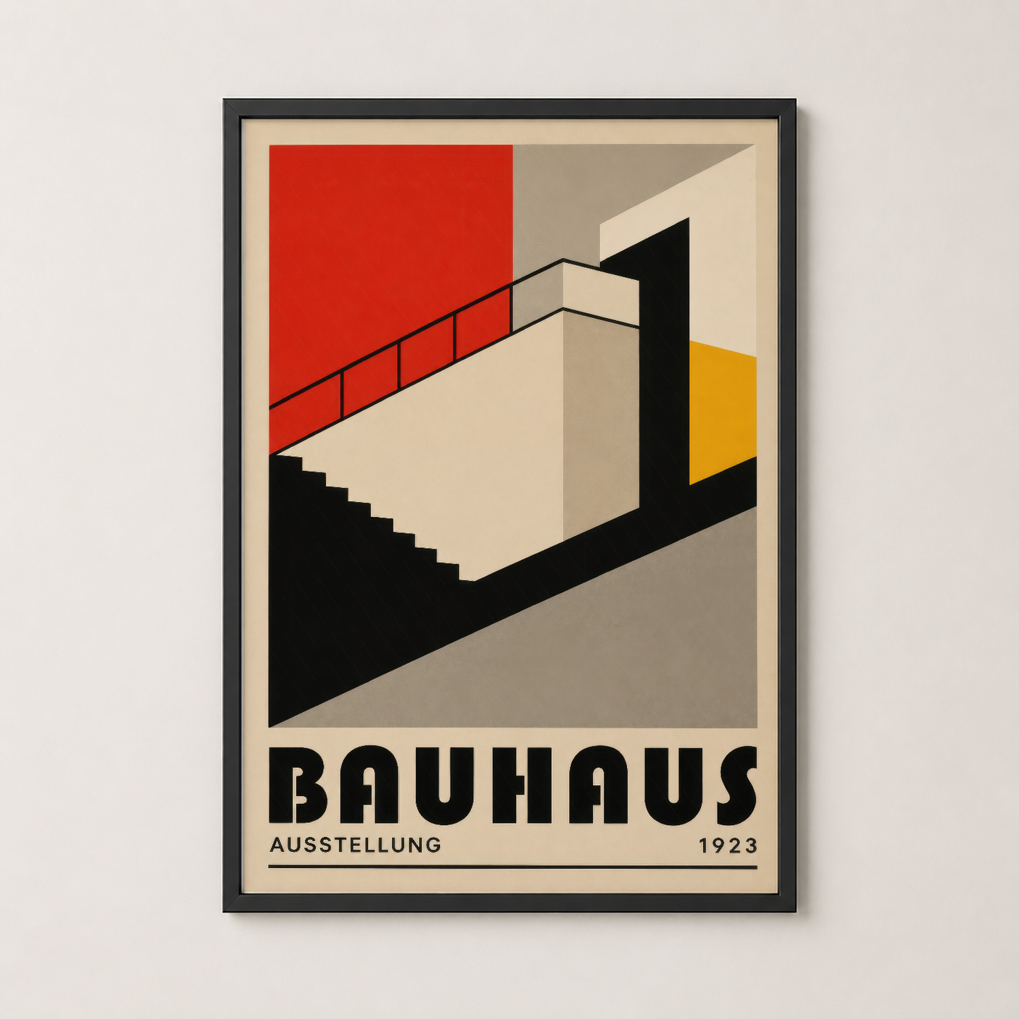 Bauhaus sergisi tablosu siyah çerçevede, ikonik mimari tasarım ve bold tipografiyle endüstriyel dekorasyon.