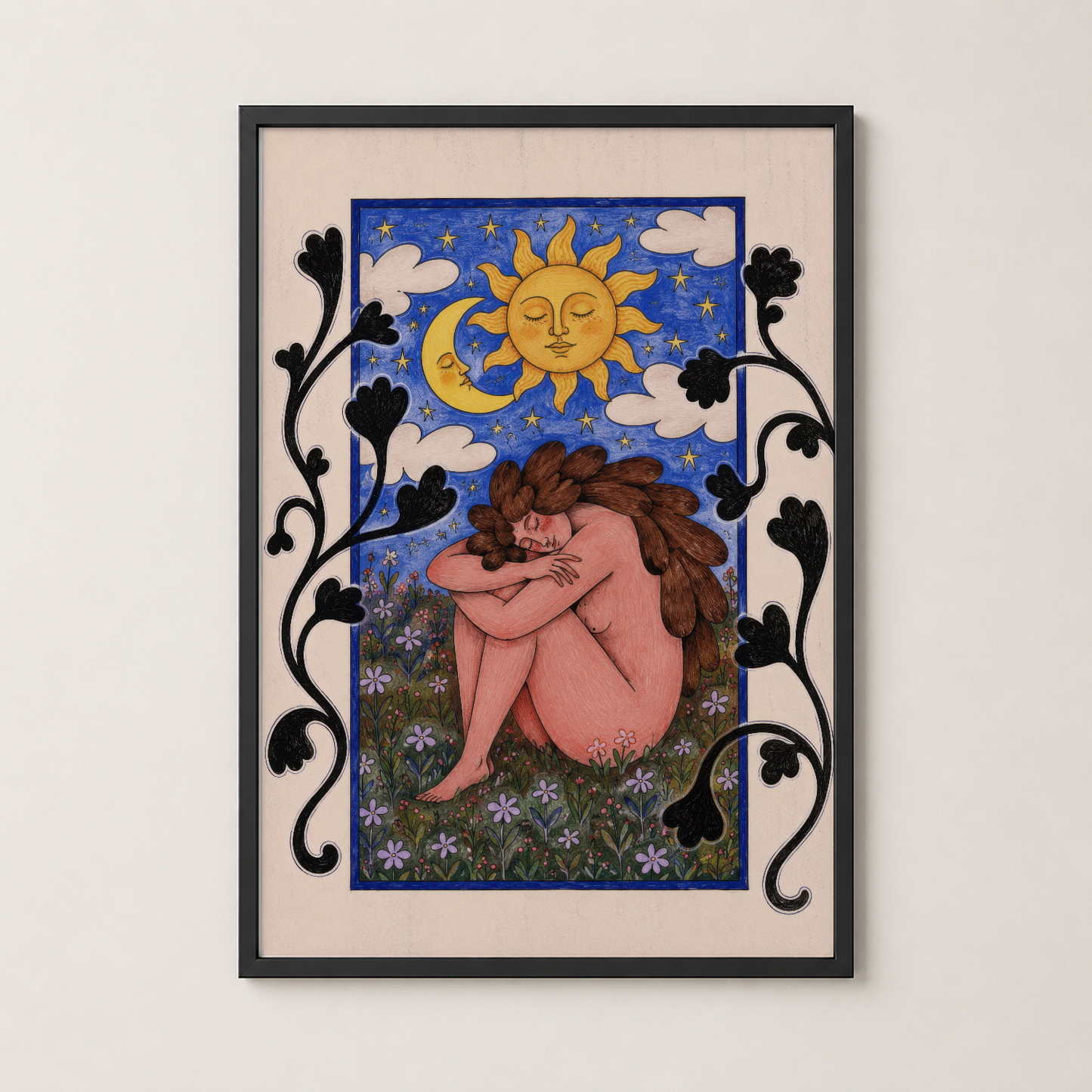 Siyah çerçeveli mitolojik sanat tablosu, çiçekli bahçede meditasyon yapan figür ve kozmik gökyüzü görseli.