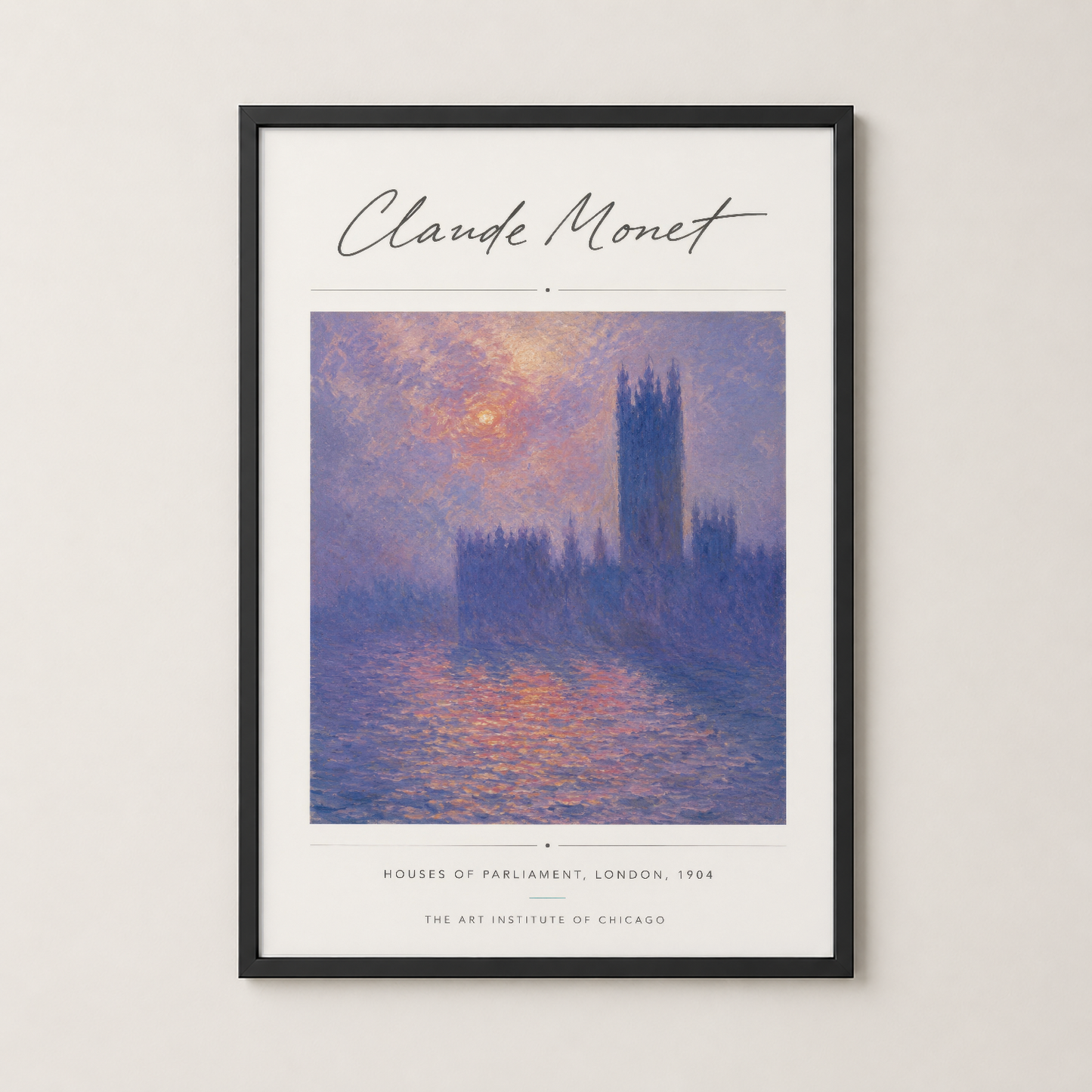 Monet Houses of Parliament 1904, siyah çerçeveli duvar tablosu, klasik sanat eseri baskısı.