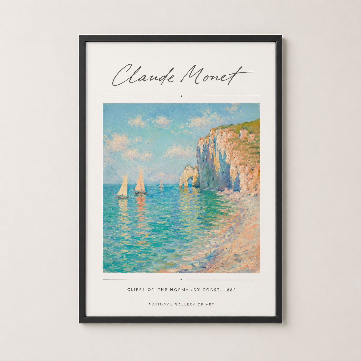 Monet'in sahil manzarası, siyah çerçevede modern duvar sanatı olarak sergilendi.