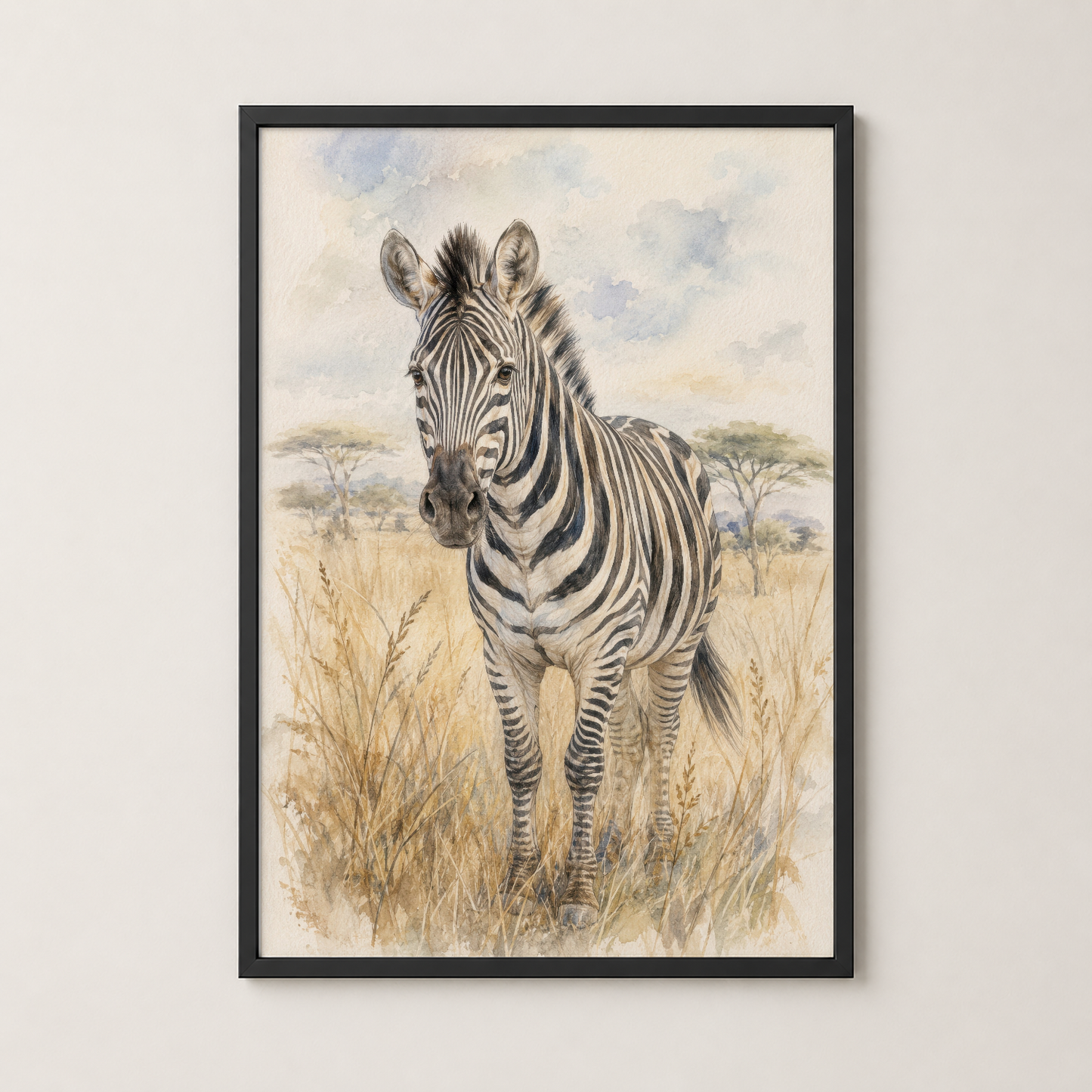 Siyah çerçeveli zebra portresi; savanada çim ve ağaçlar arası doğa sahnesi.