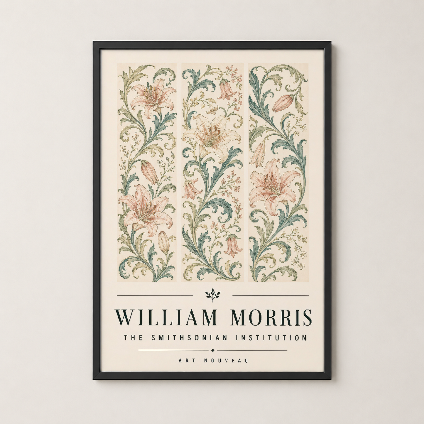William Morris lale deseni tablosu siyah çerçeve içinde, vintage Art Nouveau stilinin zarif yansıması.