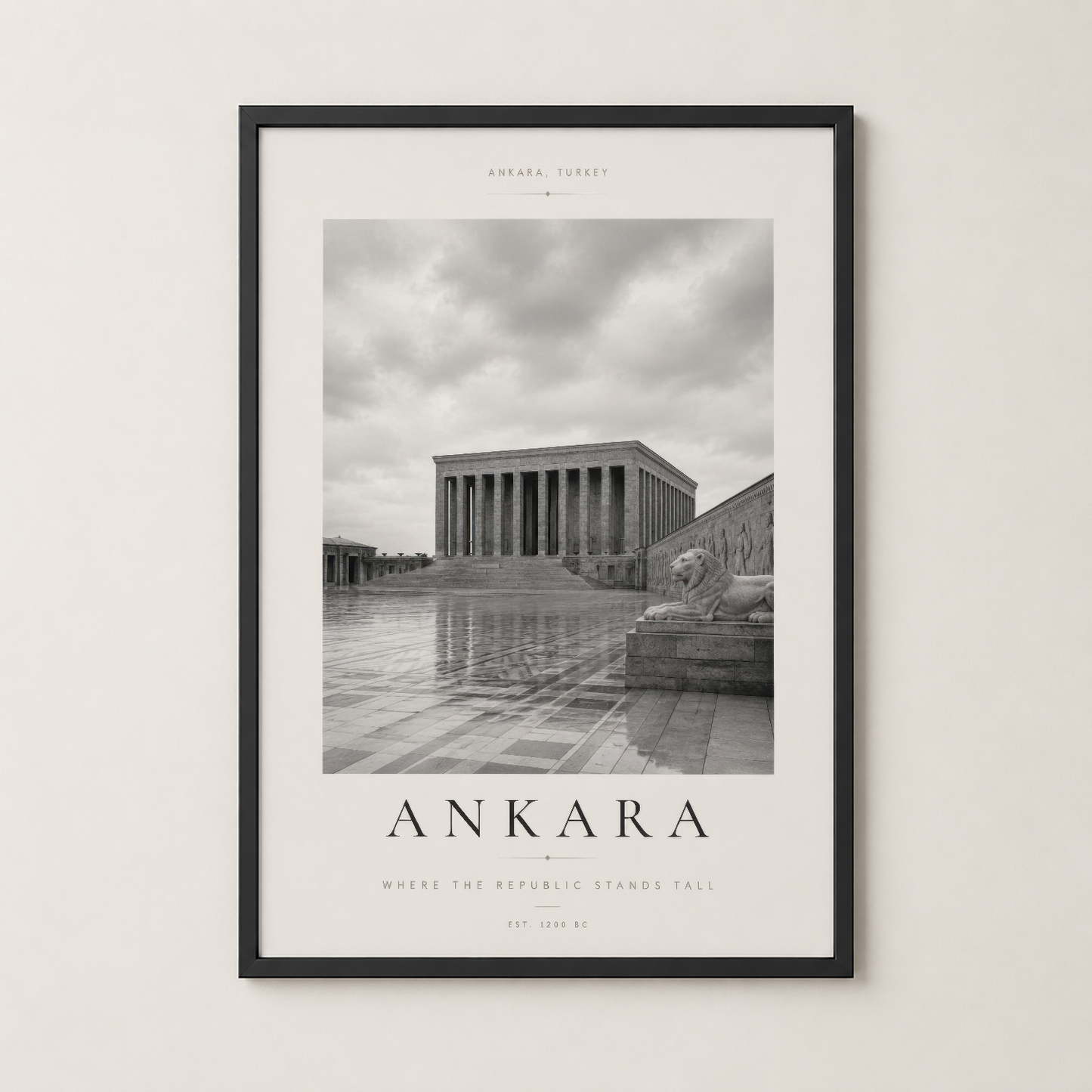 Ankara tablosu siyah çerçeveli duvar dekorasyonuyla, modern ve klasik tarzları harmonyda birleştiren sanat eseri.