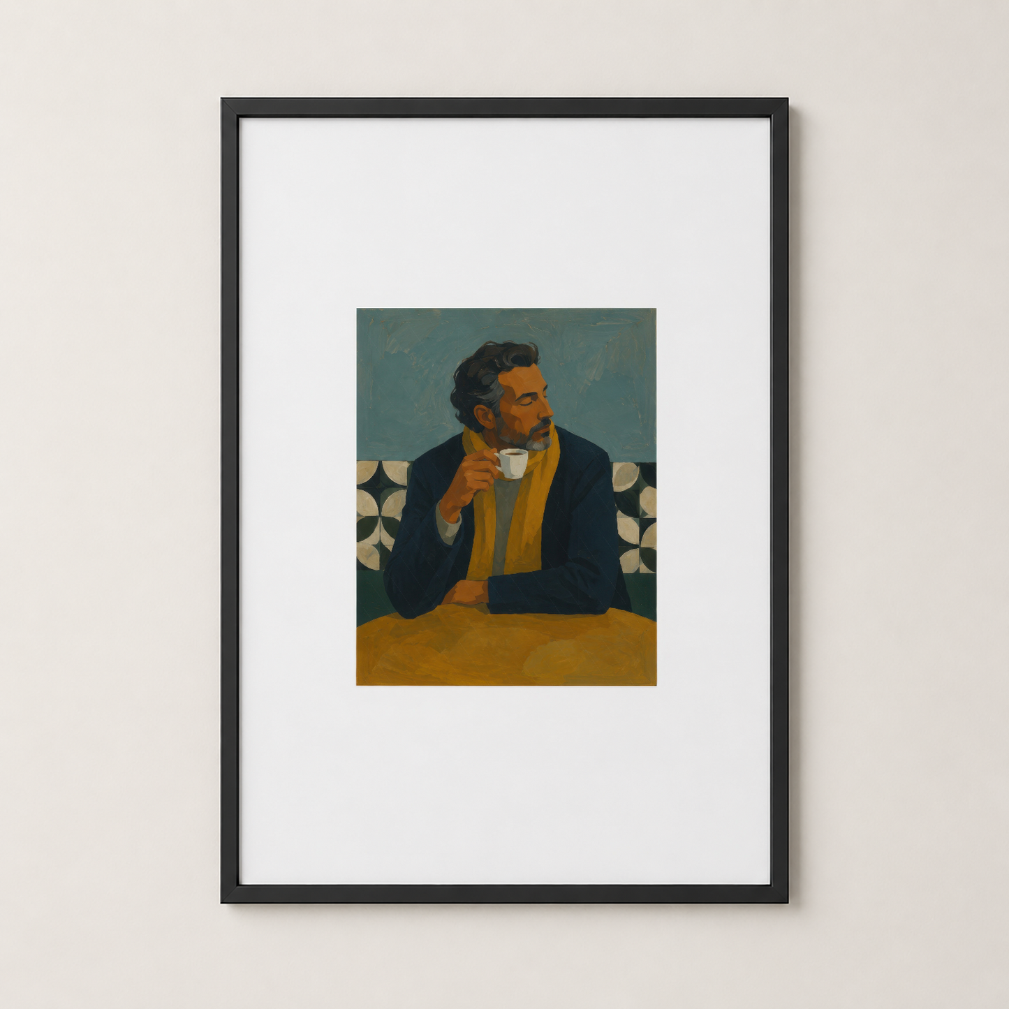Siyah çerçeveli duvar tablosu, zarif bir erkek portresi, retro sanat stilinde, modern dekorasyona uygun.