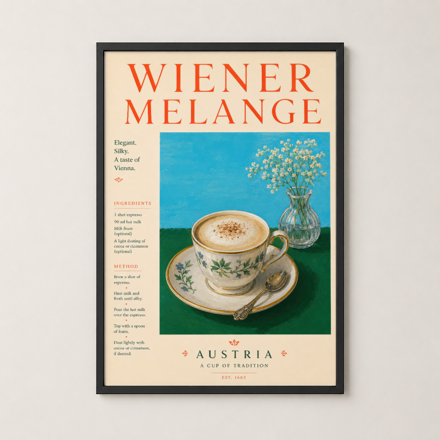 Siyah çerçeveli Wiener Melange posteri, modern mutfakta duvarın merkezi, vintage Avusturya kahve kültürünü zarafet ile