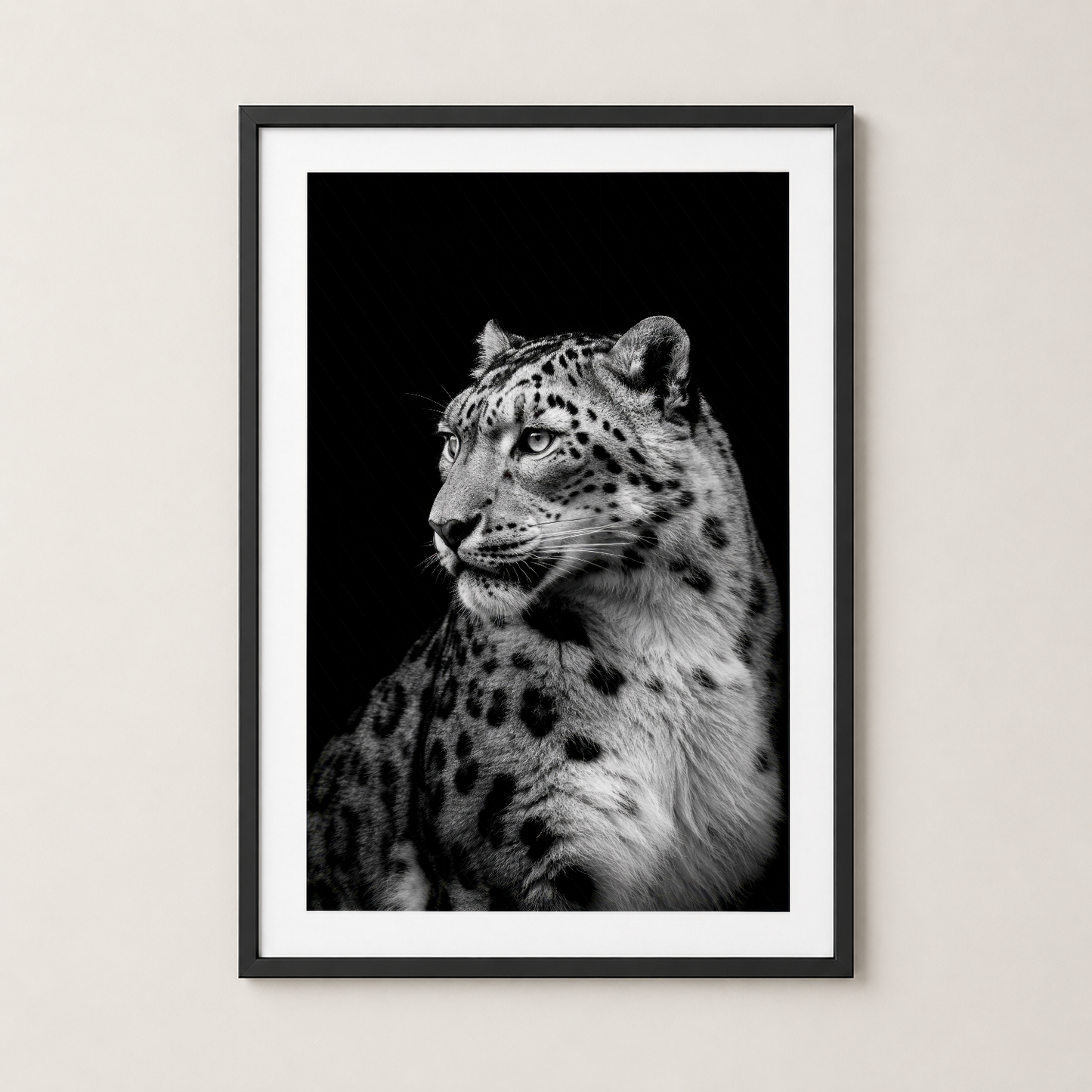 Siyah çerçeveli kar leoparı tablosu, beyaz pasparta ile modern ve şık görünüm sunuyor.
