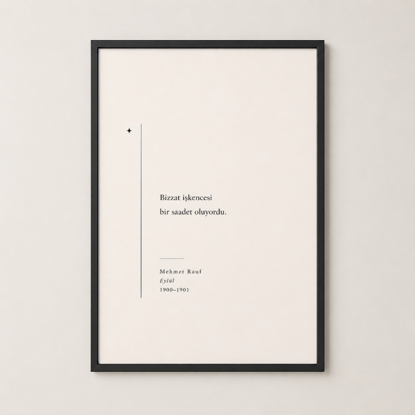 Siyah çerçeveli poster, modern oturma alanında şiirsel metin ve sakin estetik sunan dikkat çekici duvar sanatı.