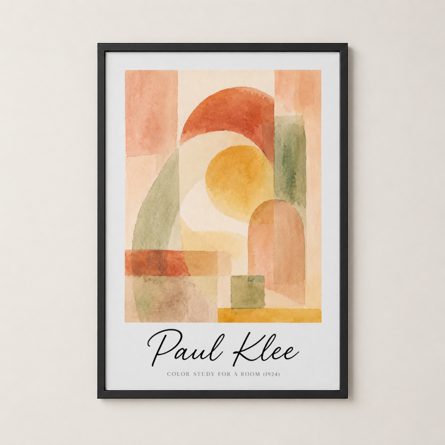 Paul Klee'nin renkli soyut tablosu siyah çerçeve içinde, modern iç mekanlar için uyumlu sanat eseri.