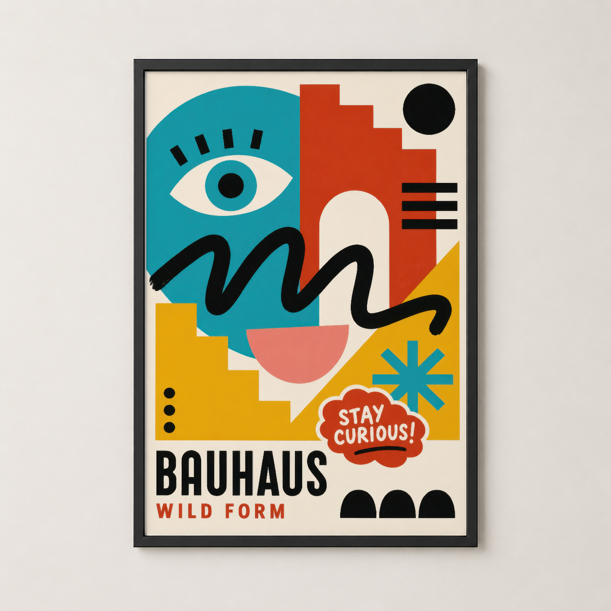 Bauhaus Wild Form tablosu siyah çerçevede, cesur renk ve şekiller ile çağdaş mekan dekorasyonunu tamamlayan poster.
