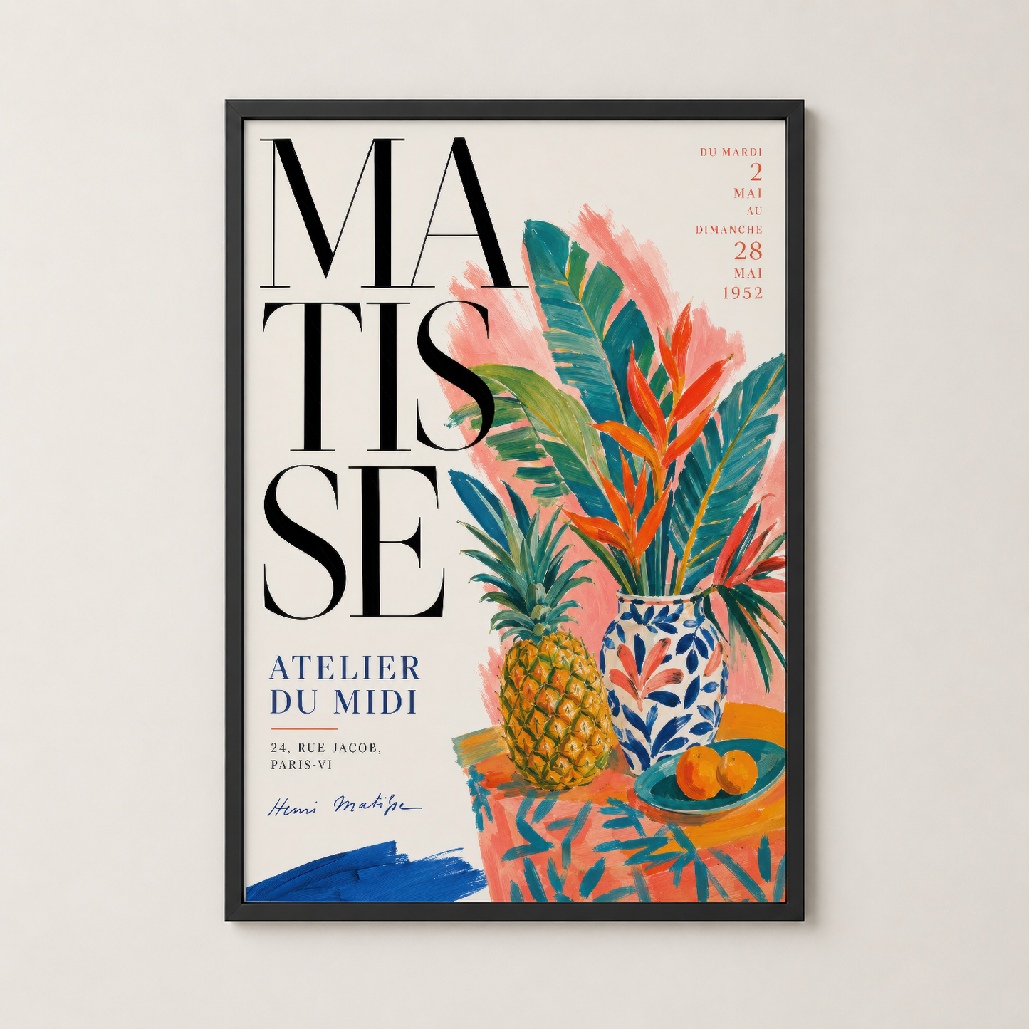 Siyah çerçevede, Matisse sanat sergisi tablosu, canlı bitki ve meyve illüstrasyonuyla.