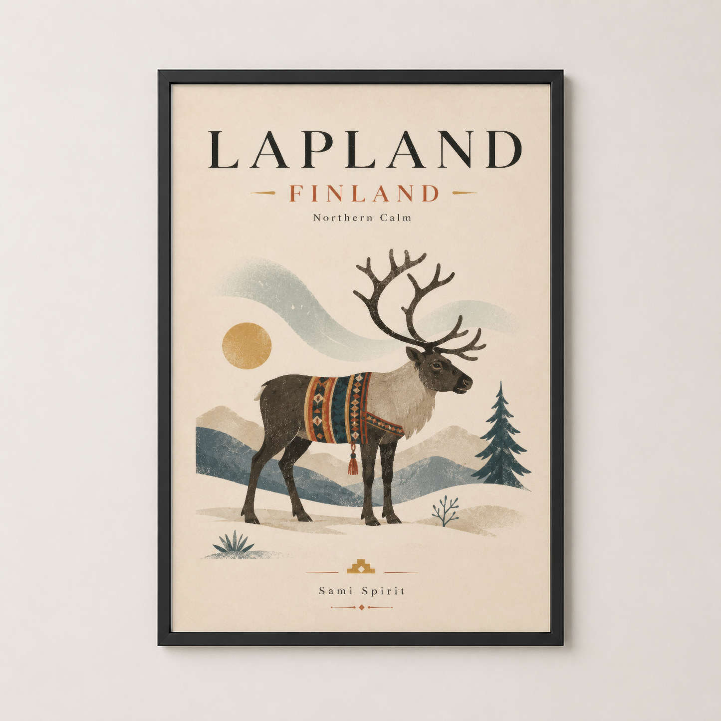 Lapland Finland posteri, siyah çerçeveli, kuzey doğası temasında dekoratif geyik ilustrasyonu içeren sanat tablosu.