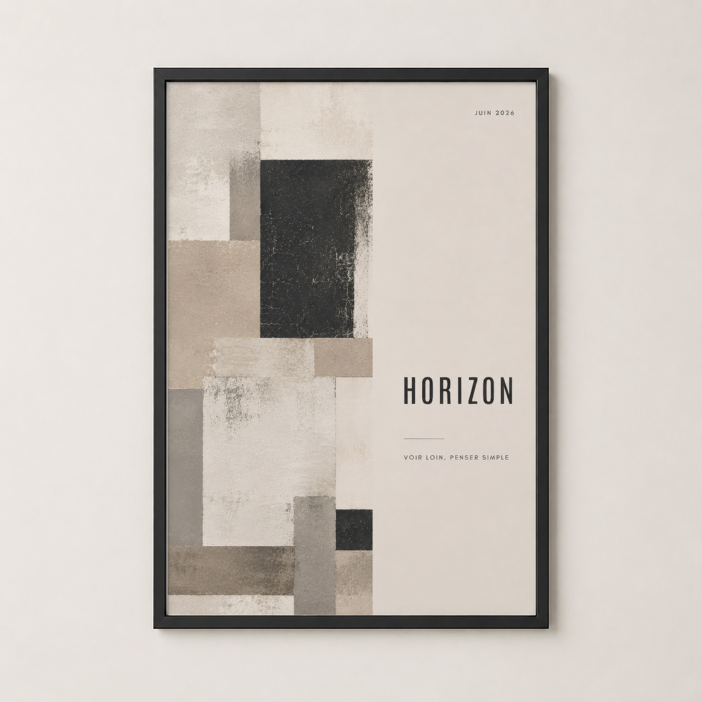 Horizon poster, siyah çerçevede, nötr tonlar ve sade tasarımla contemporary dekorasyon.