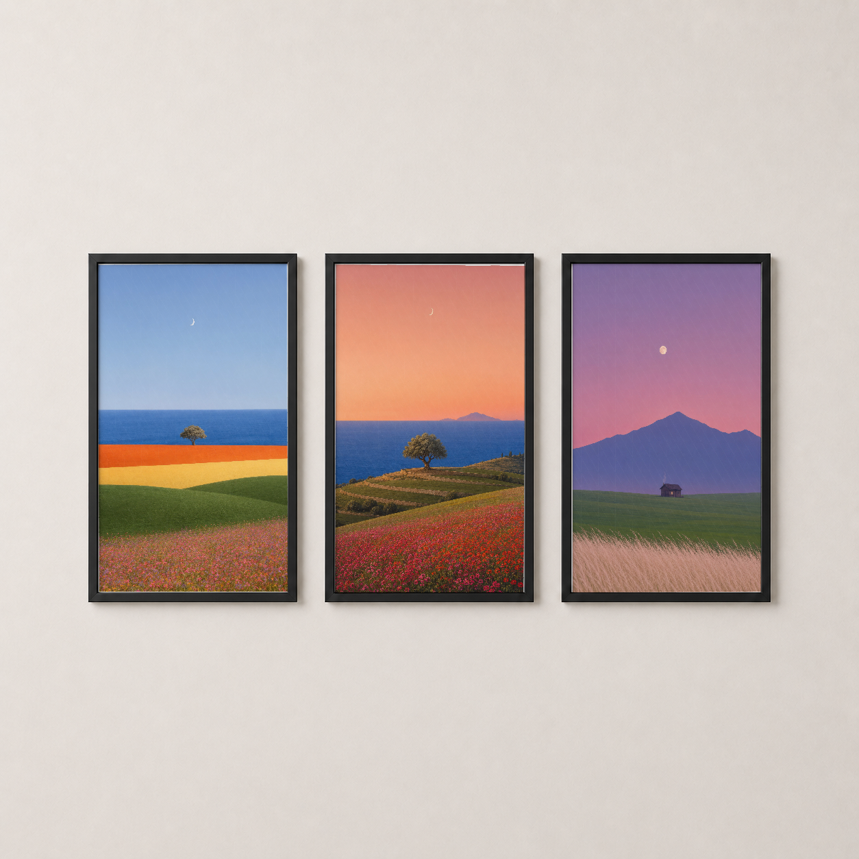 Siyah çerçeveli üç panel tablo, pastoral peyzaj tasarımıyla modern duvar dekorasyonu.