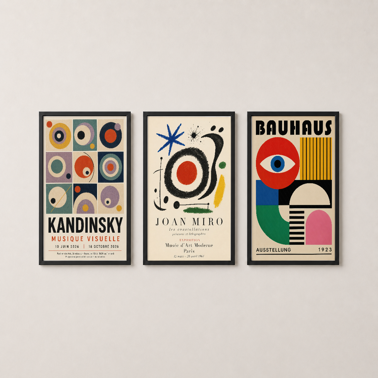 Siyah çerçeveli modern sanat koleksiyonu, Kandinsky geometrik tasarımı, Miró canlı sürrealizmi ve Bauhaus göz ikonu.
