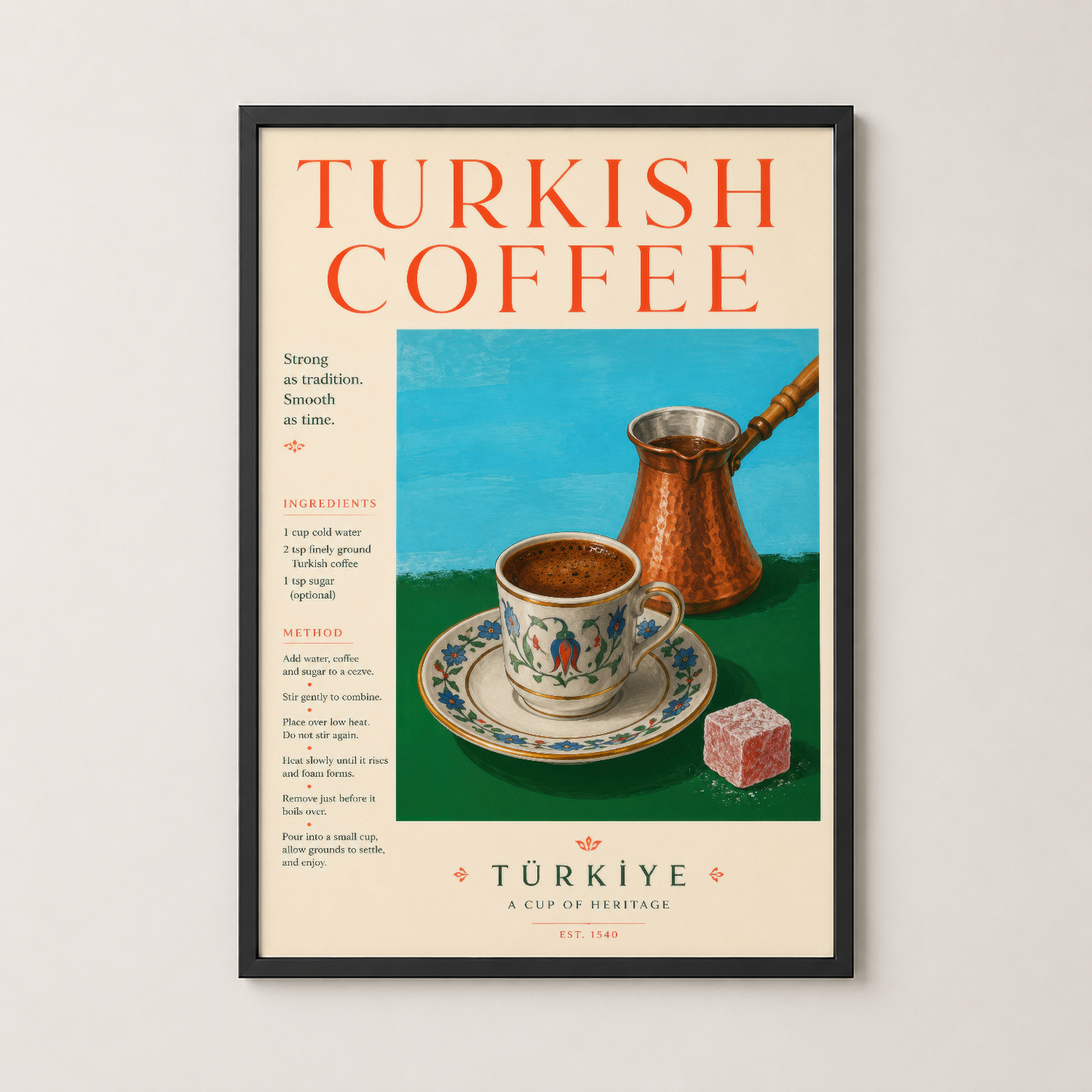 Siyah çerçevede Türk kahvesi posteri, mutfak duvarına asılı modern bir dekorasyon örneği.