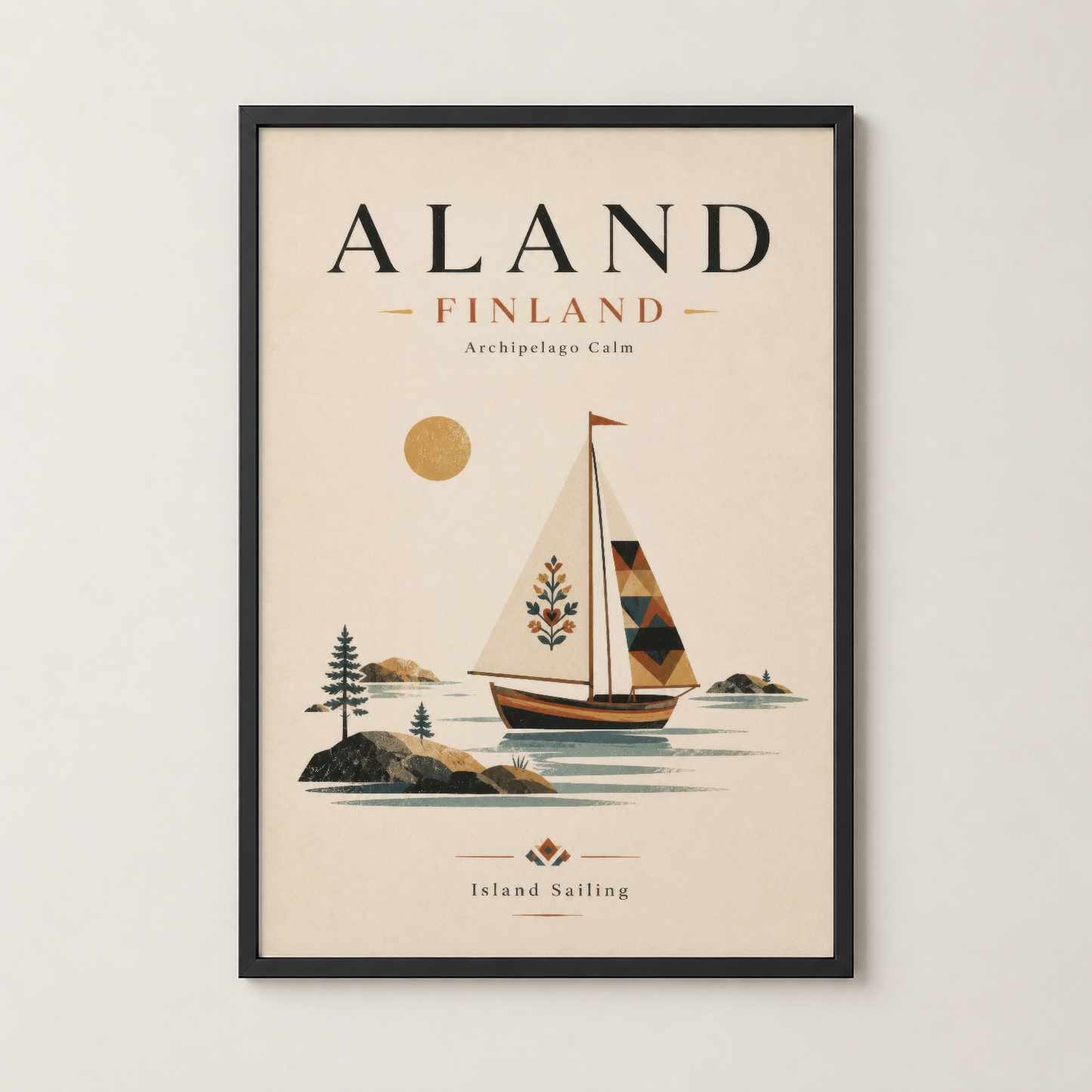 Åland Finlandiya posteri siyah çerçevede, nordik tarzda yelkenli ve ada sahnesiyle.