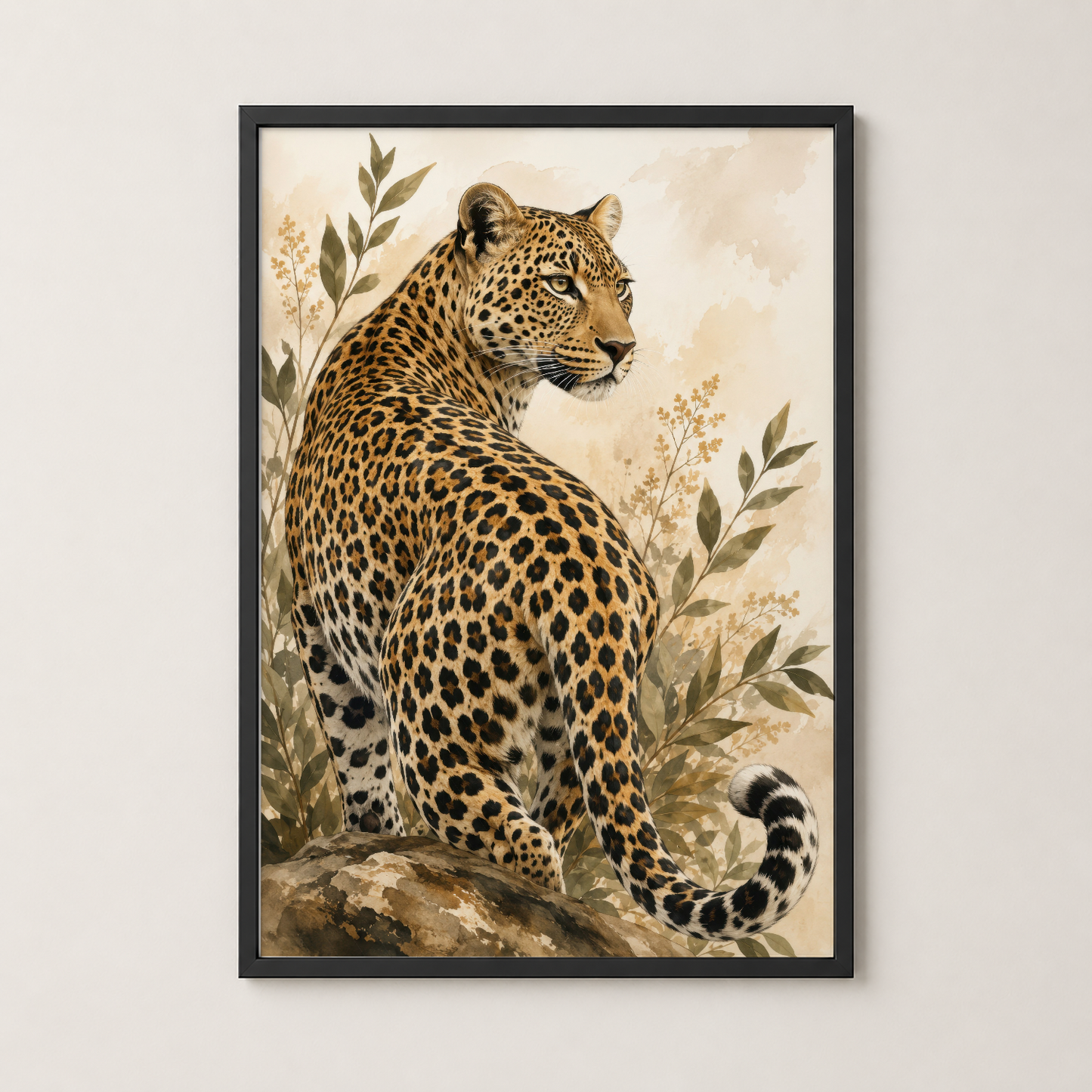 Siyah çerçeveli leopar tablosu, vintage sanat stilinde, oturma odasının duvar dekorasyonunda zarif bir aksan.