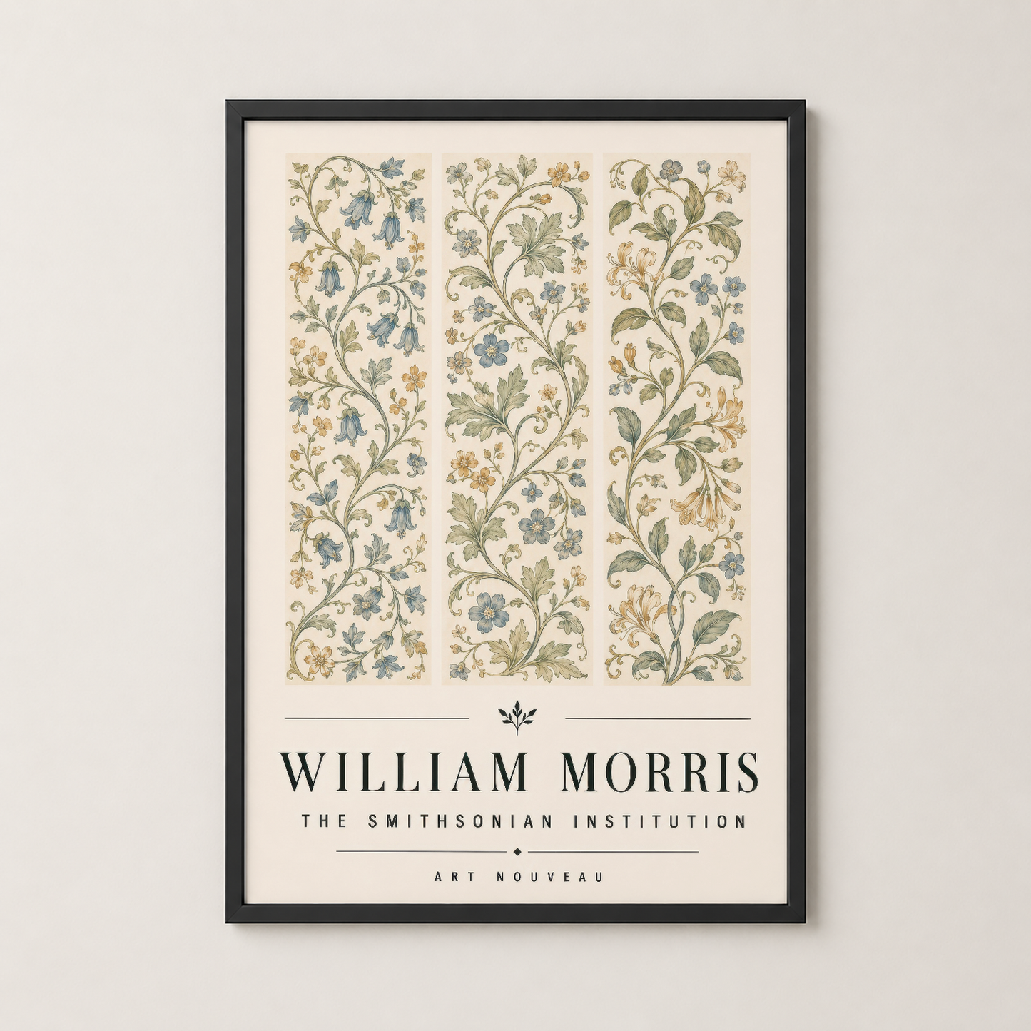 Modern siyah çerçevede, William Morris botanik desenli şık sanat posteri.