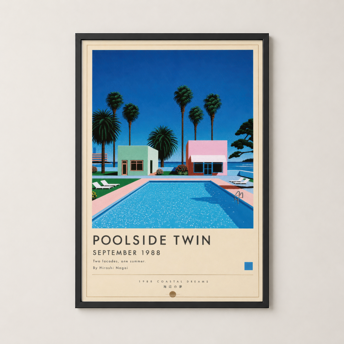 Poolside Twin posteri siyah çerçevede, retro coastal dreams temasıyla 80'ler estetik duvar sanatı.