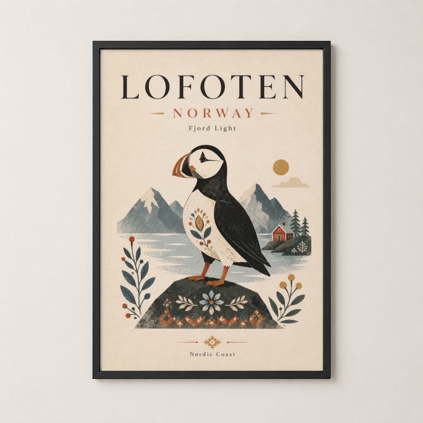 Siyah çerçevede, Lofoten Norveç posterinin sergilenmesi, modern minimal dekor için.