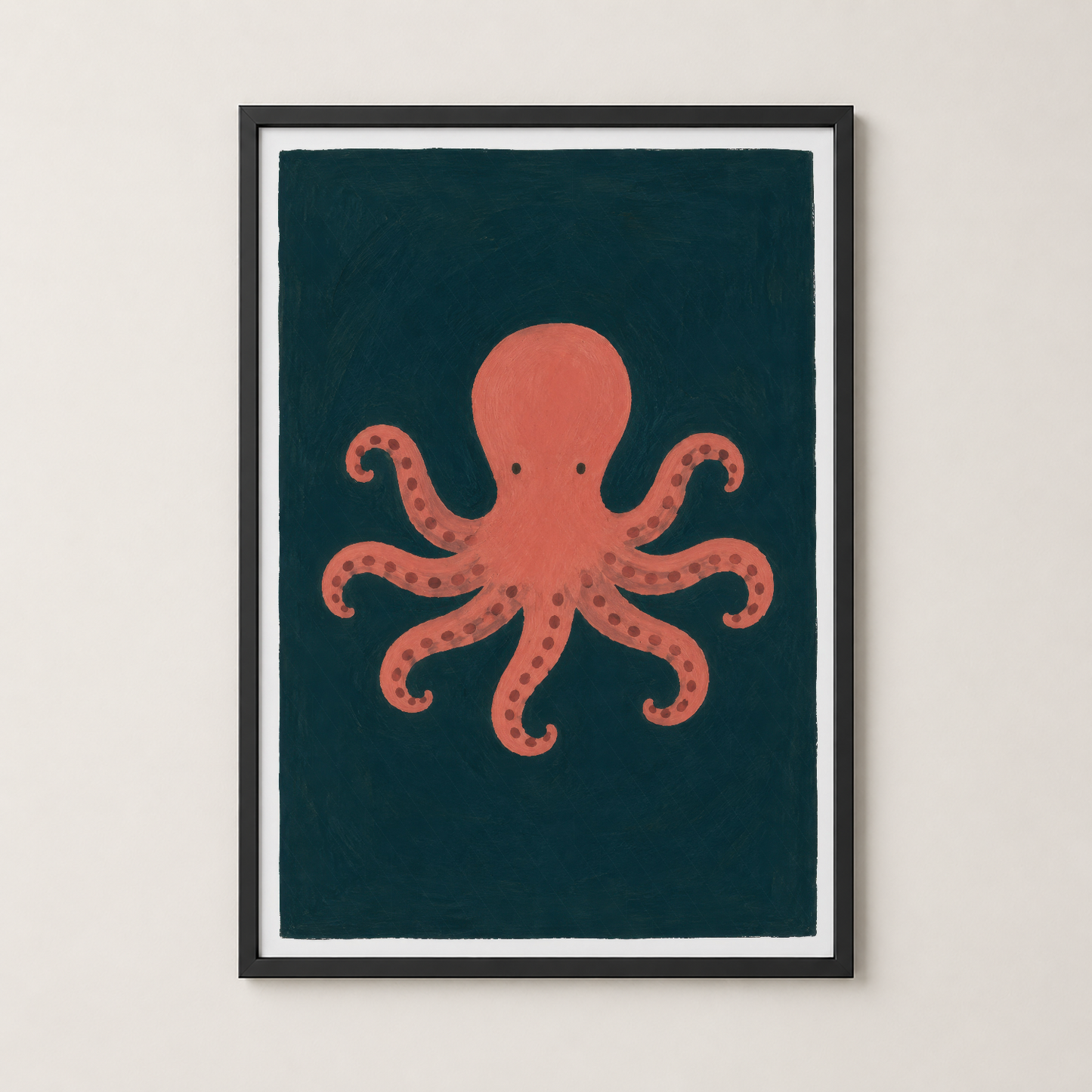 Mercan ahtapot illüstrasyonu siyah çerçeve içinde, modern dekorasyon için ideal sanat eseri.