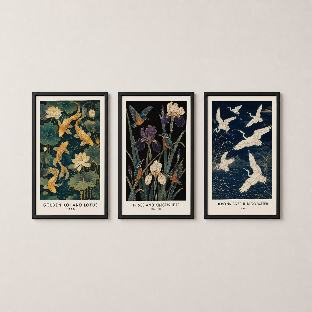 Siyah çerçeveli üç sanat tablosu seti, vintage çiçek ve kuş motifleriyle modern dekorasyon.