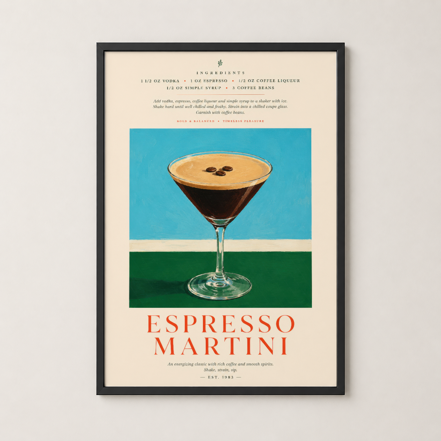 Espresso Martini kokteli tarifi siyah çerçeveli duvar tablosu, modern mutfak dekoru.