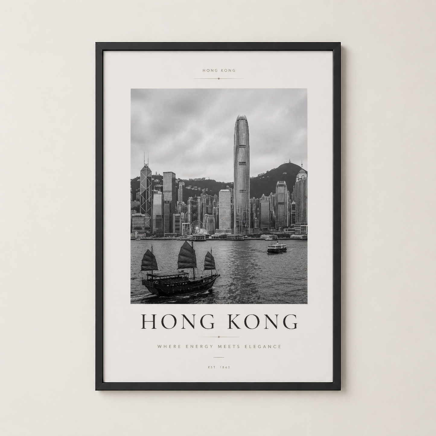 Hong Kong posteni siyah çerçevede, modern iç mekanların çehresi düzenli şekilde sergilenmesi.