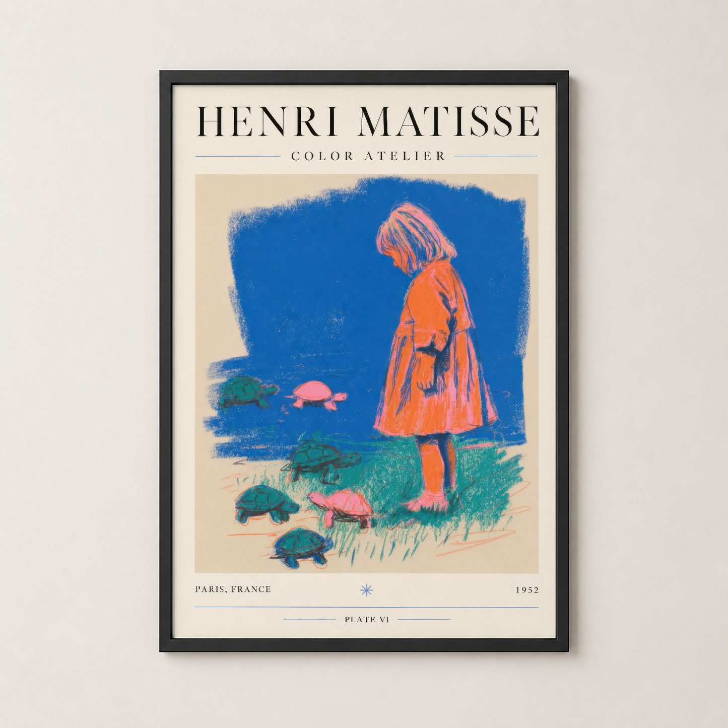Matisse'in ikonik çalışması siyah çerçevede, mavi fonda turuncu figür ve yeşil detaylarıyla modern sanat posteri.
