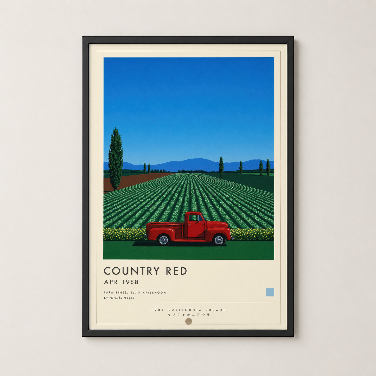 Country Red posteri siyah çerçevede, vintage stil tarım manzarası ve retro kırmızı kamyonlu dekoratif sanat eseri.